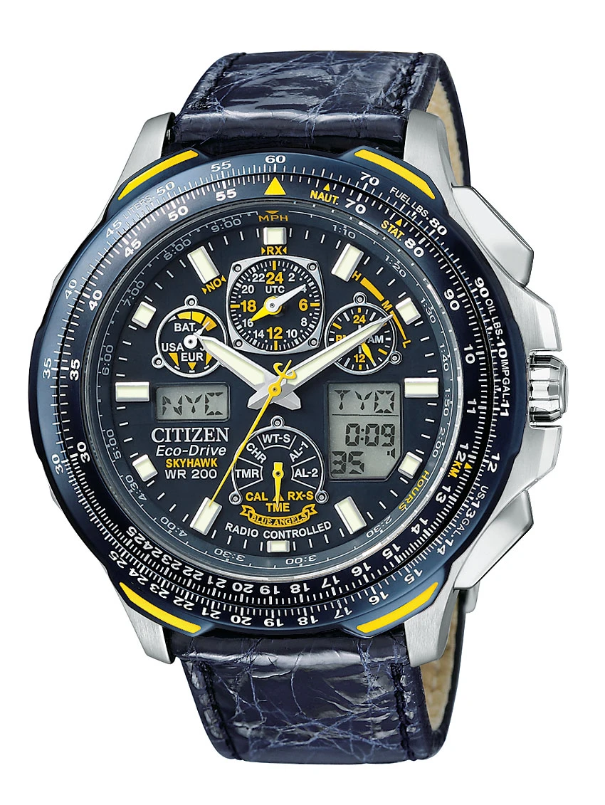 【美品】CITIZENプロマスター Skyhawk 電波ソーラー Promaster Skyhawk A-T Blue Dial Genuine Crocodile Strap JY0041-05L